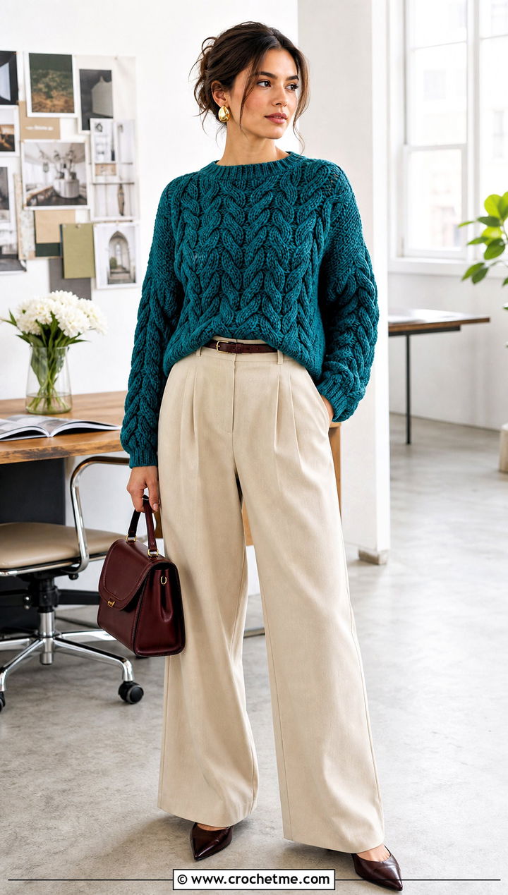 Cropped Rope Cable Crochet Sweater With Wide Leg Trousers - 30 crochet cable knit sweater outfit ideas