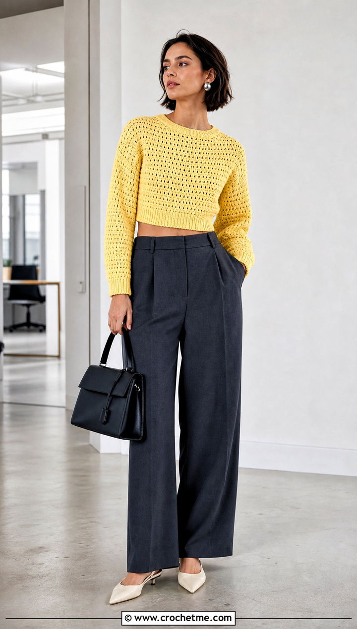 Cropped Round Yoke Crochet Sweater With Wide Leg Trousers - 20 Round Yoke Crochet Sweater outfit ideas