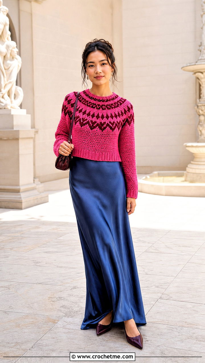 Cropped Round Yoke Mosaic Crochet Sweater With Maxi Skirt - 25 Mosaic Crochet Sweater outfit ideas