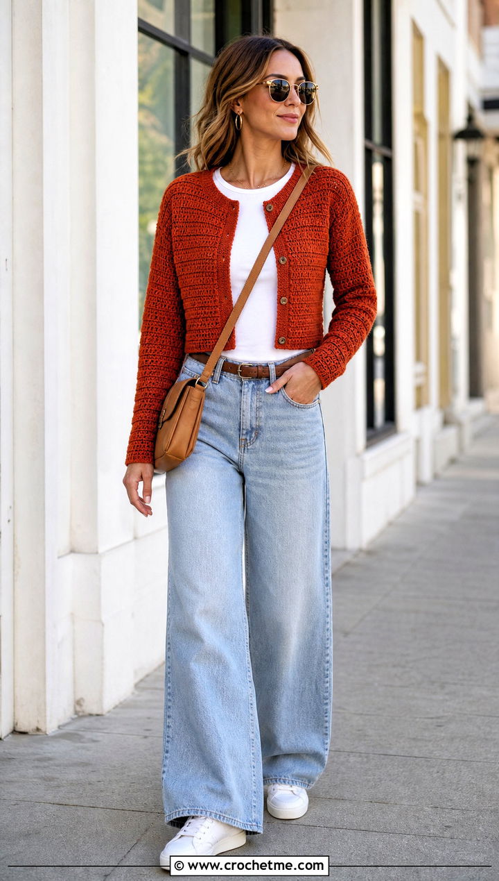Cropped Rust Colored Crochet Cardigan With Wide Leg Jeans - 15 rust-colored crochet cardigan outfit ideas