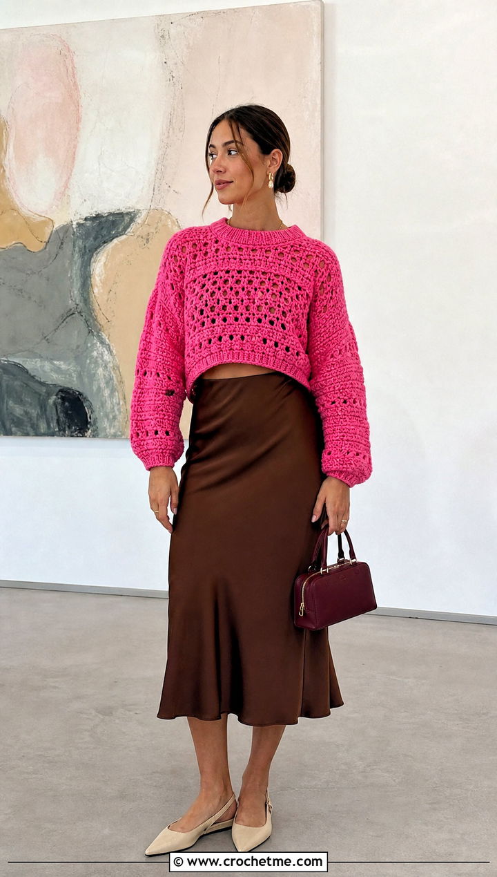 Cropped Rustic Crochet Sweater With Satin Midi Skirt - 15 Rustic Crochet Sweater outfit ideas