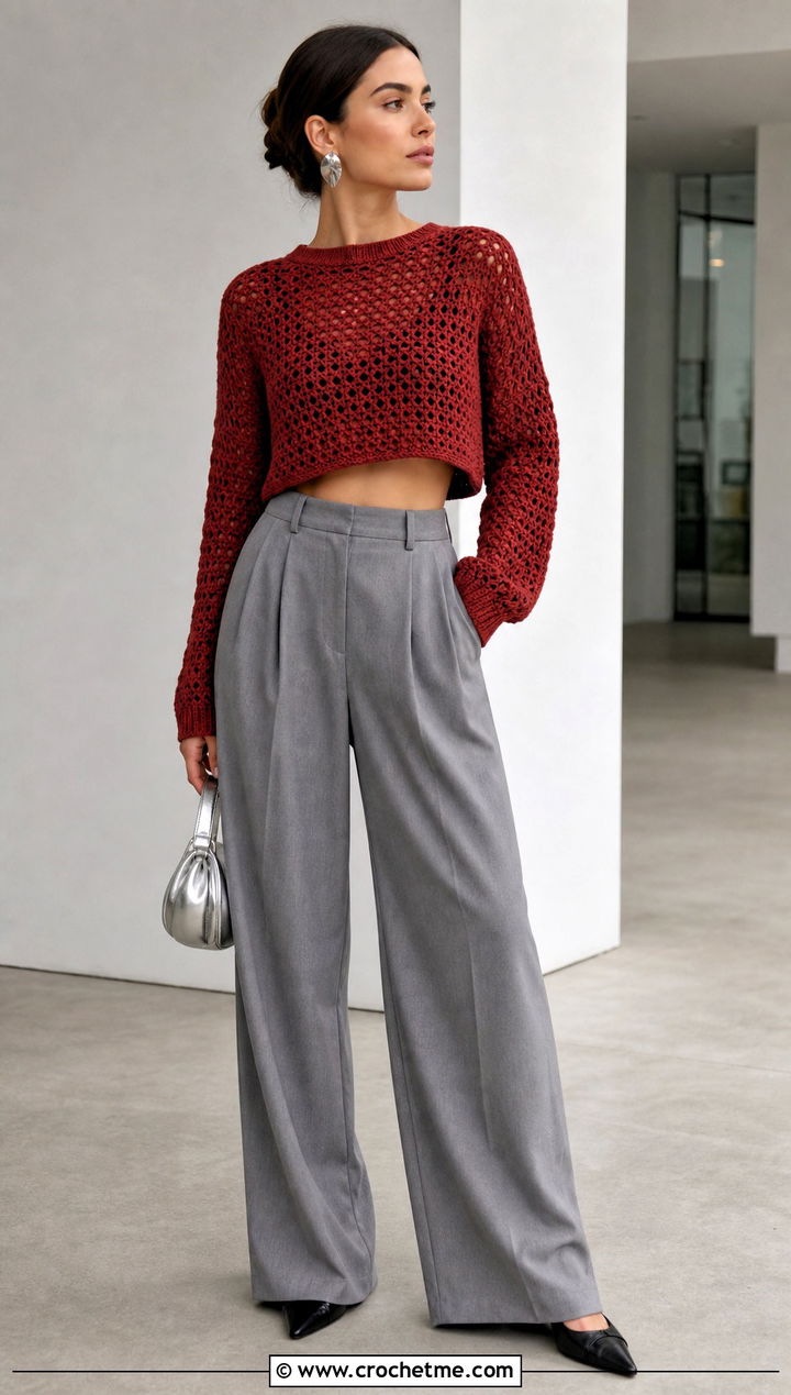 Cropped Rustic Red Crochet Sweater With Wide Leg Trousers - 15 rustic red crochet sweater outfit ideas