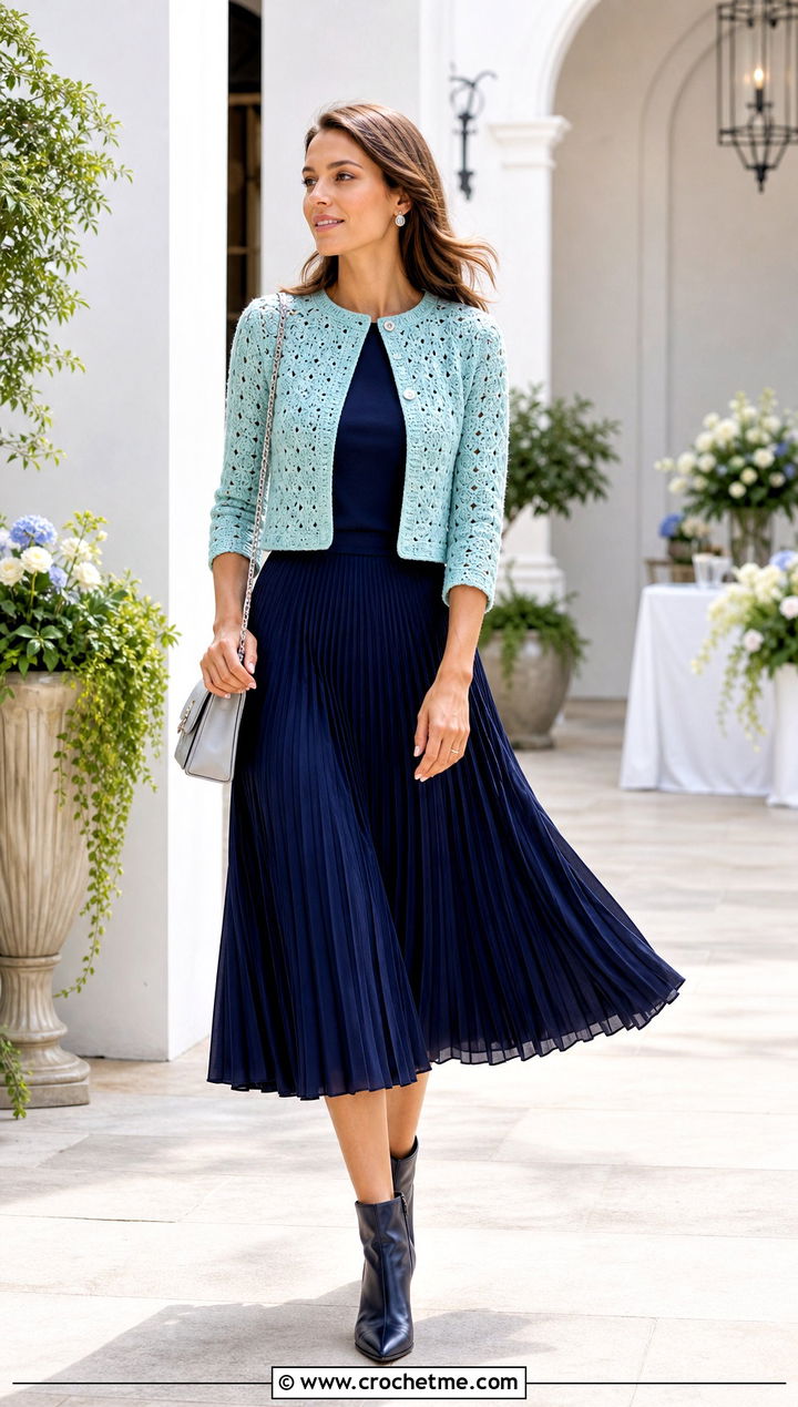 Cropped Sally Cardigan With Pleated Midi Skirt - 20 Crochet Sally Cardigan outfit ideas