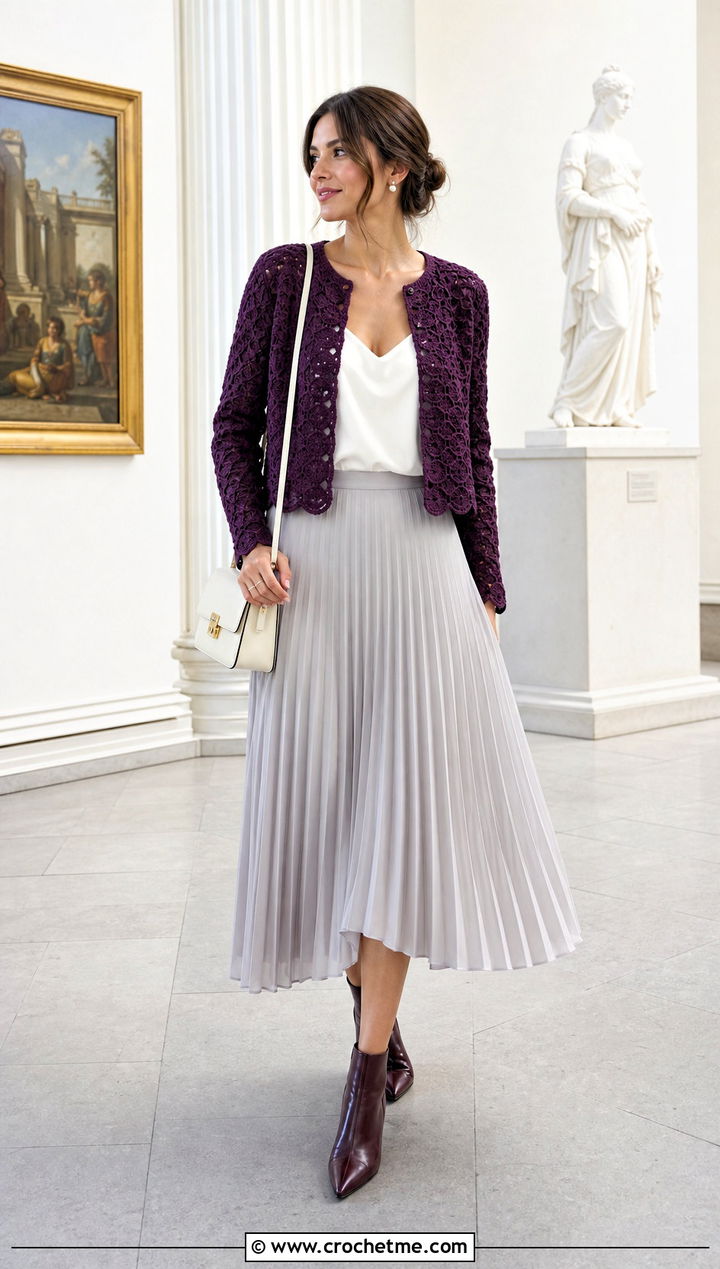 Cropped Scallop Hexagon Cardigan With Pleated Midi Skirt - 35 granny square hexagon cardigan outfit ideas