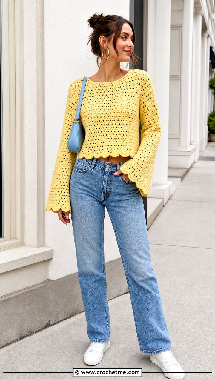 Cropped Scalloped Crochet Bell Sleeve Sweater With Straight Leg Jeans - 25 Crochet Sweater With Bell Sleeves outfit ideas