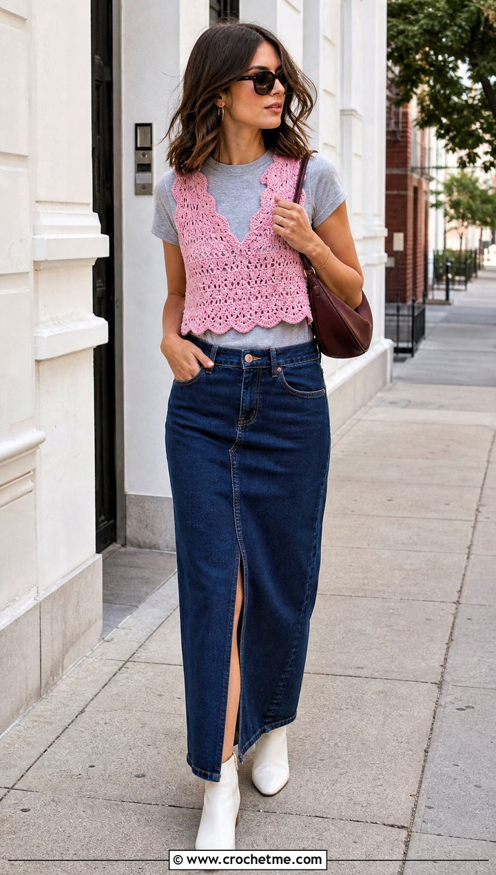 Cropped Scalloped Crochet Sweater Vest With Denim Maxi Skirt - 15 Cropped Crochet Sweater Vest outfit ideas