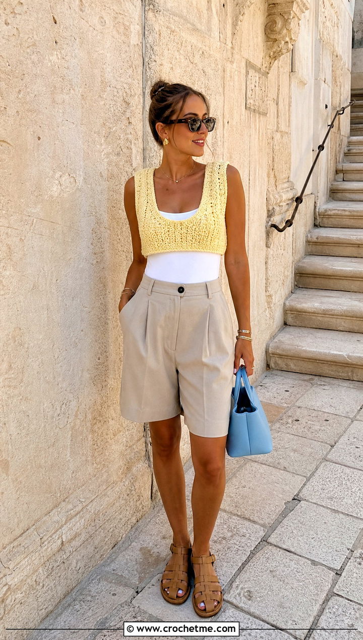 Cropped Scoop Neck Chunky Crochet Vest With Tailored Shorts - 25 Chunky Crochet Vest outfit ideas