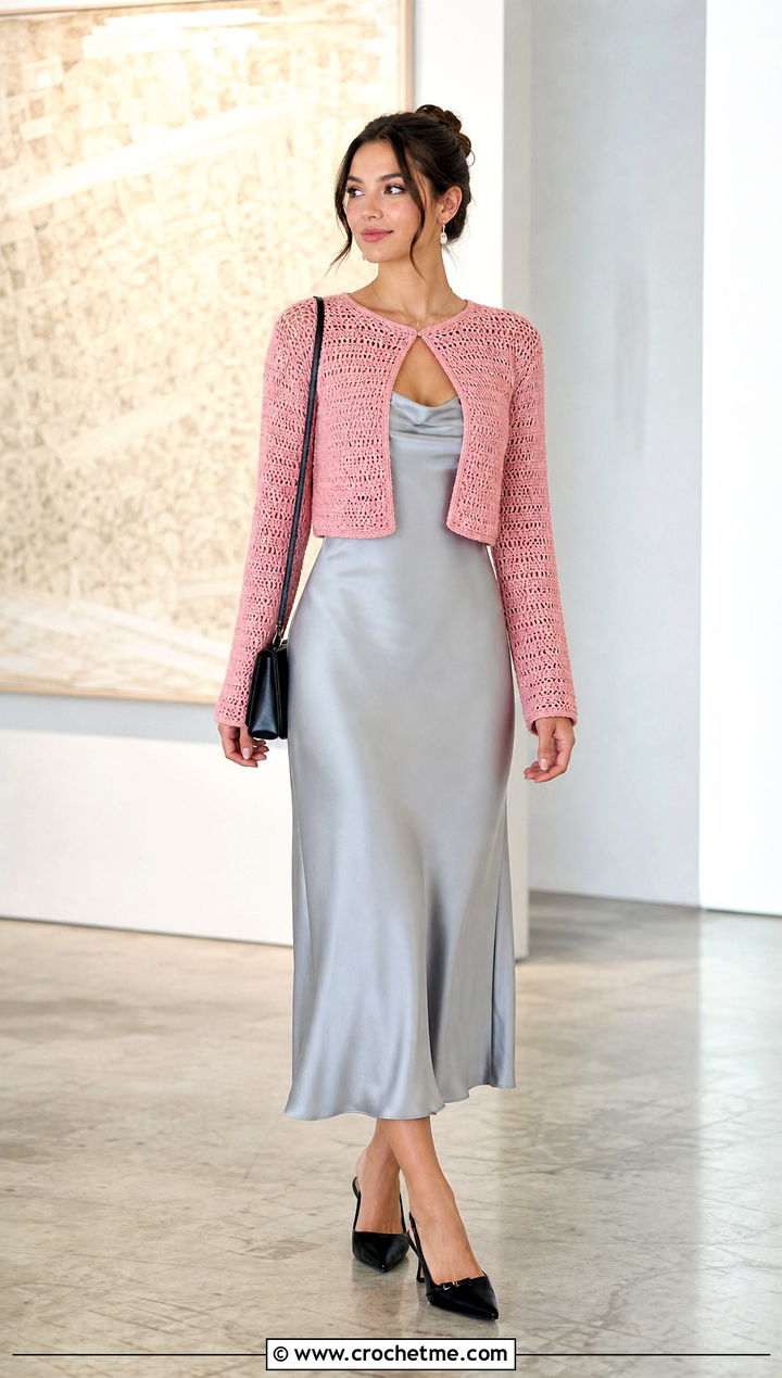 Cropped Seamless Crochet Cardigan With Slip Dress - 25 Crochet Seamless Cardigan outfit ideas