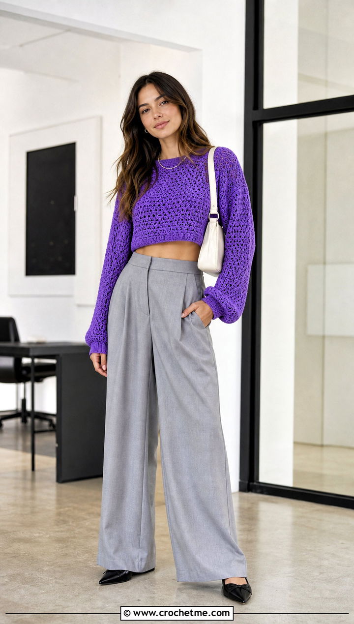 Cropped Seamless Crochet Sweater With Wide Leg Trousers - 25 Seamless Crochet Sweater outfit ideas