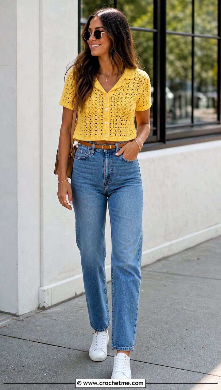 Cropped Short Sleeve Crochet Button Top With Straight Jeans - 30 crochet button top outfit ideas