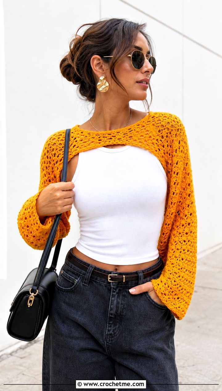 Cropped Shrug Scarf With Barrel Jeans - 25 crochet double sleeve scarf outfit ideas