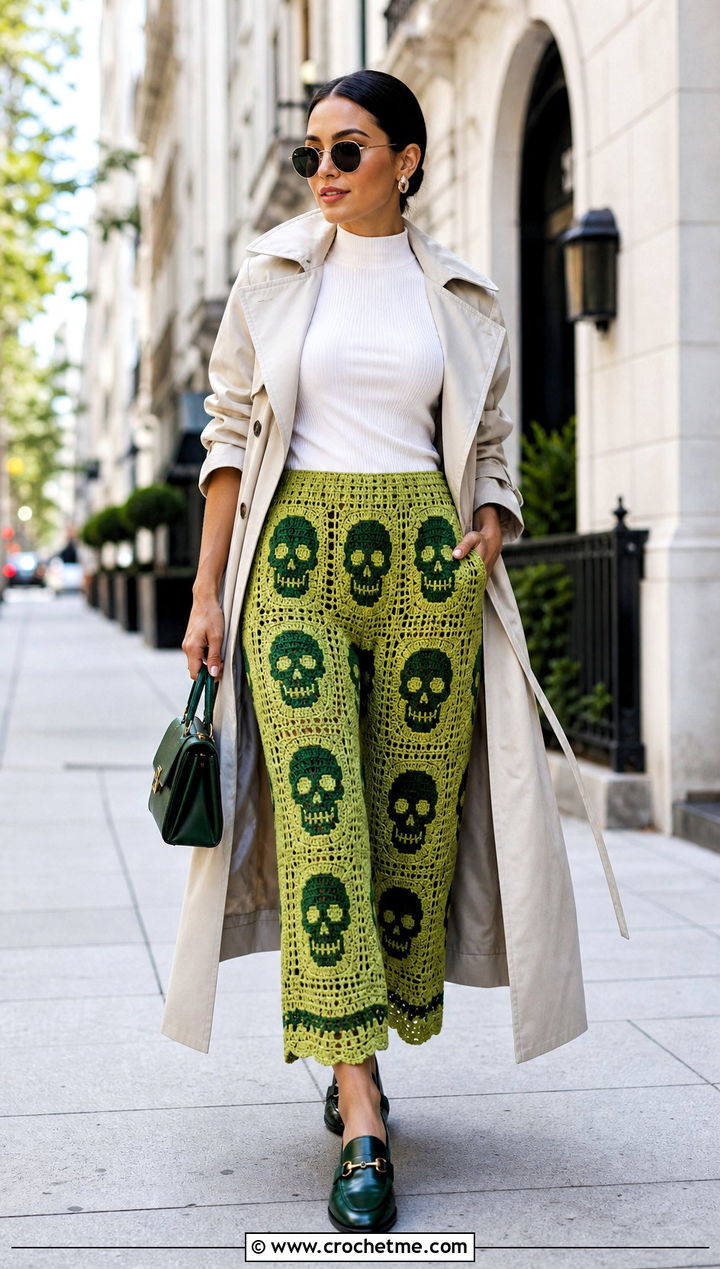 Cropped Skull Crochet Pants With Trench Coat - 15 Skull Crochet Pants outfit ideas