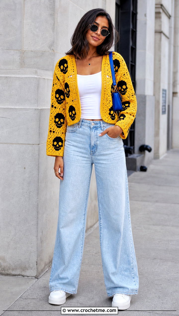 Cropped Skull Granny Square Cardigan With Wide Leg Jeans - 30 skull granny square cardigan outfit ideas