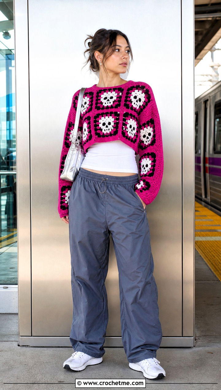 Cropped Skull Granny Square Sweater With Parachute Pants - 35 crochet skull sweater outfit ideas