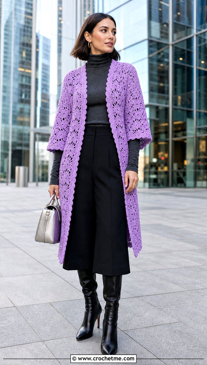 Cropped Sleeve Crochet Long Coat With Culottes - 35 crochet long coat outfit ideas