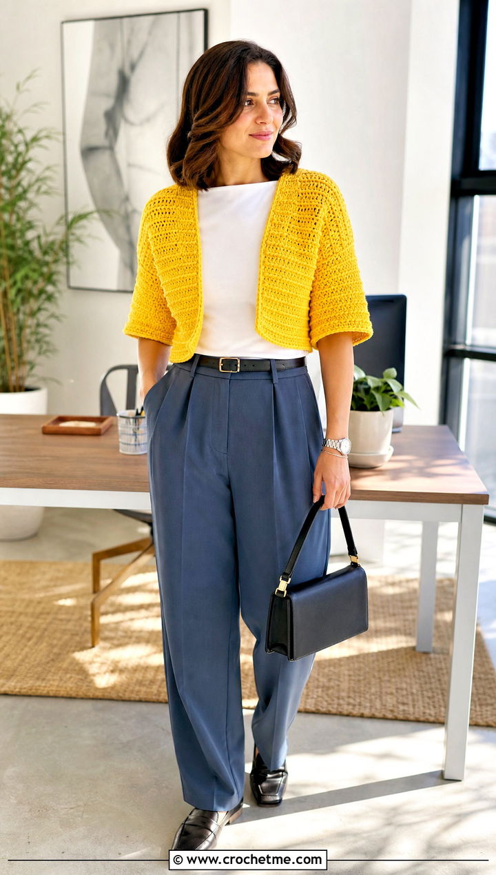 Cropped Sleeve Scarf With Pleated Trousers - 20 crochet scarf with arms outfit ideas