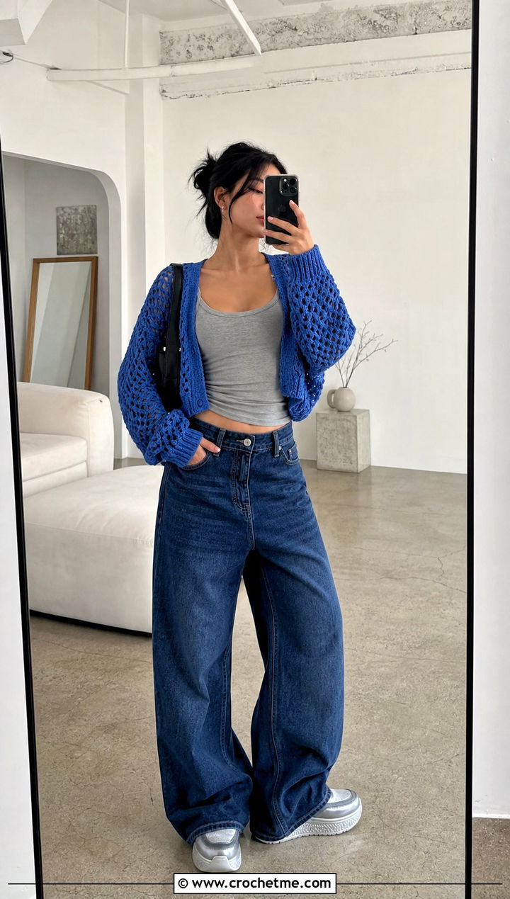 Cropped Slouchy Crochet Cardigan With Wide Leg Jeans - 25 Slouchy Crochet Cardigan outfit ideas