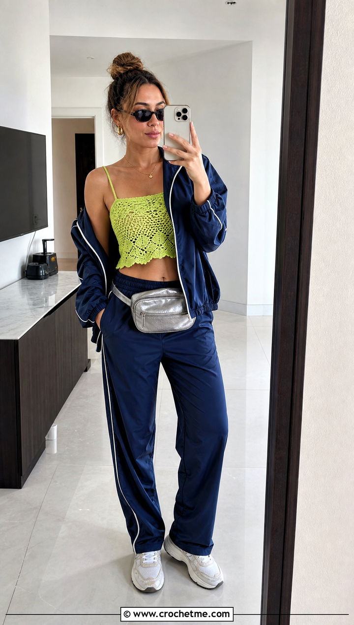 Cropped Sonja Cami With Track Pants - 15 Crochet Sonja Cami outfit ideas