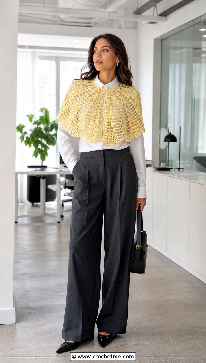 Cropped Spider Web Crochet Capelet With Tailored Trousers - 20 Spider Web Crochet Poncho outfit ideas