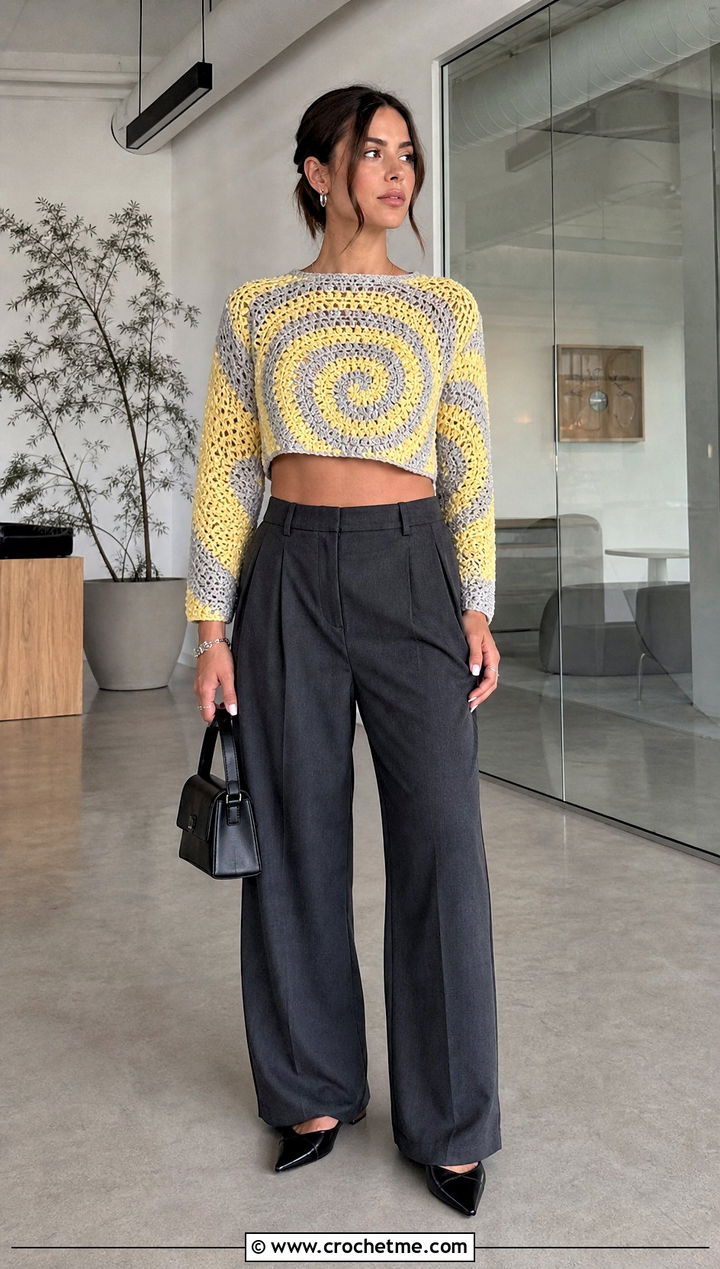 Cropped Spiral Crochet Sweater With Wide Leg Trousers - 25 swirl crochet sweater outfit ideas