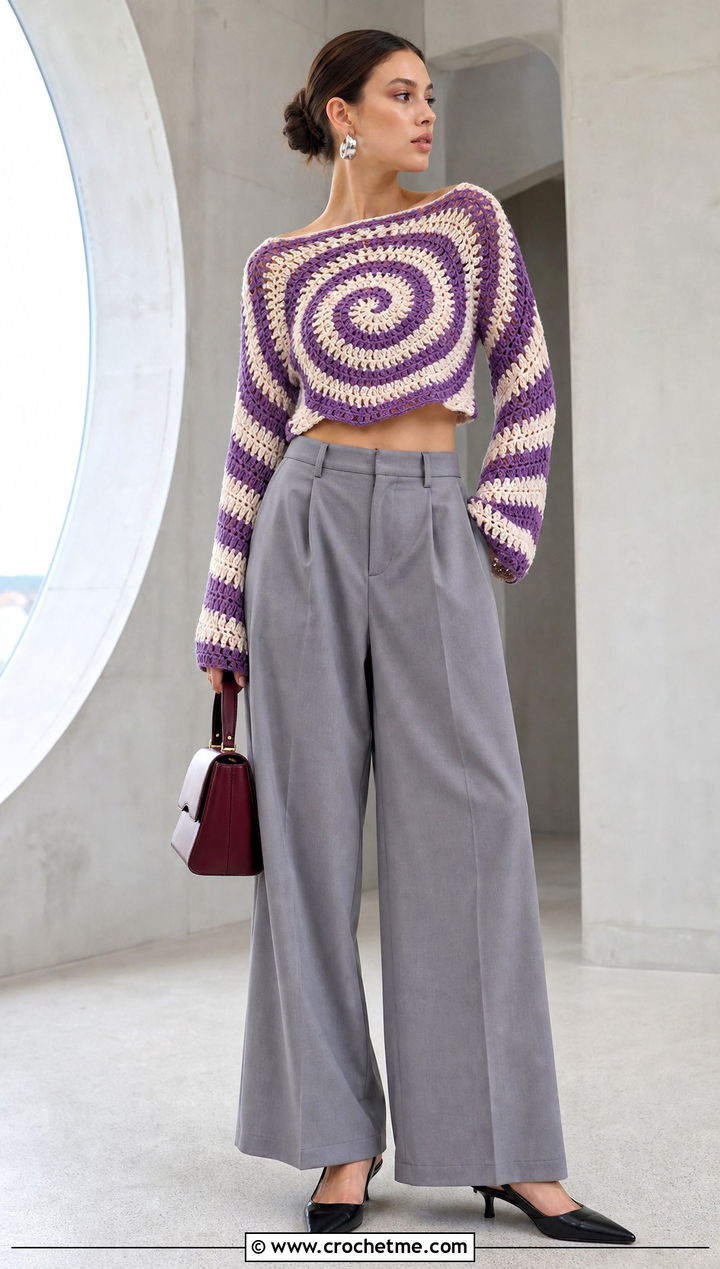 Cropped Spiral Crochet Sweater With Wide Leg Trousers - 35 spiral crochet sweater outfit ideas