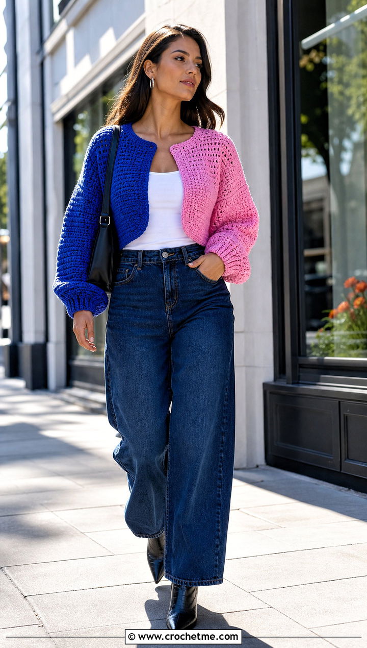 Cropped Split Color Crochet Cardigan With Wide Leg Jeans - 15 Split Color Crochet Cardigan outfit ideas