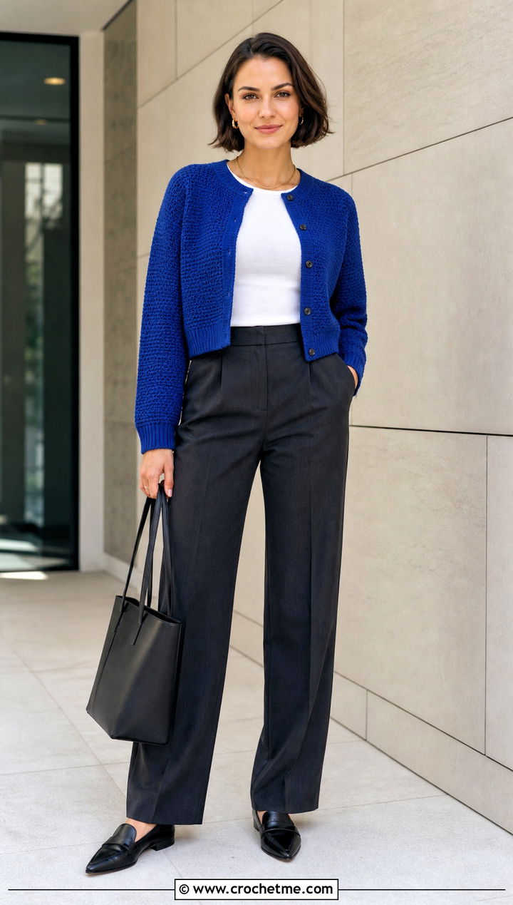 Cropped Sport Weight Crochet Cardigan With Tailored Trousers - 20 Crochet Cardigan Sport Weight Yarn outfit ideas