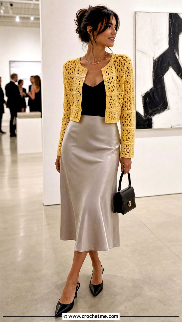 Cropped Square Patch Crochet Cardigan With Satin Midi Skirt - 25 Square Patch Crochet Cardigan outfit ideas