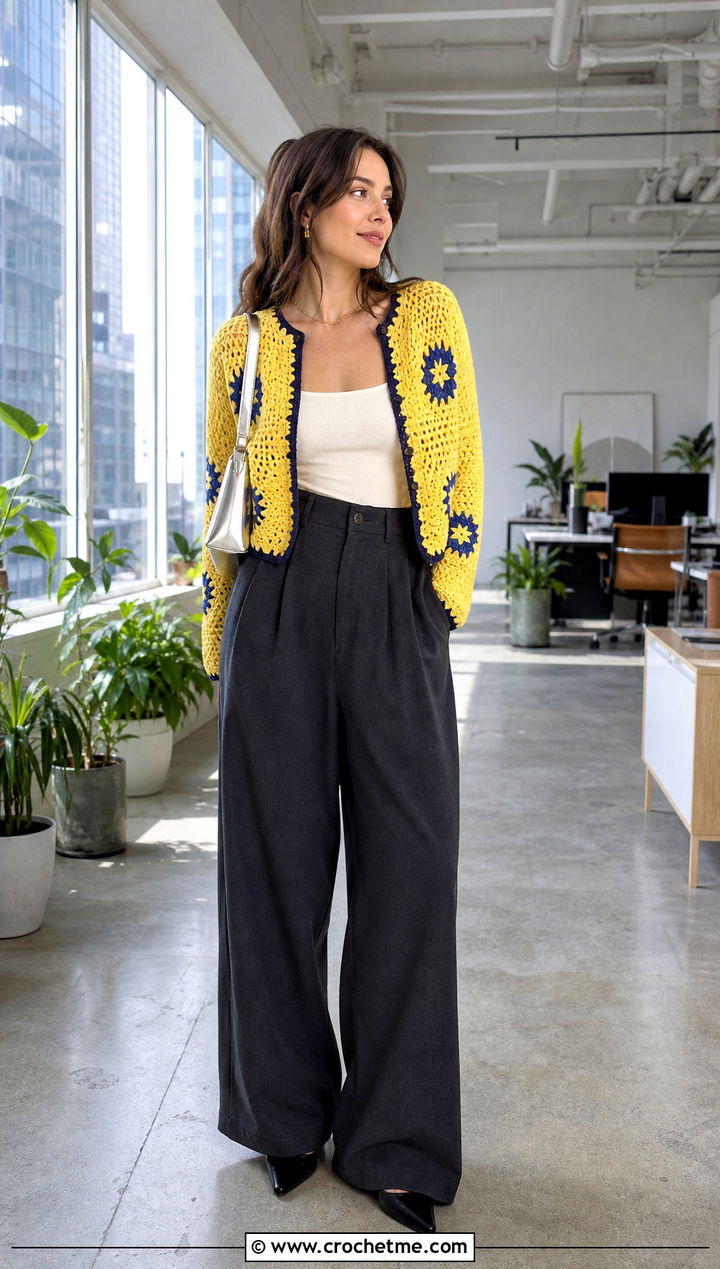 Cropped Star Patch Folklore Crochet Cardigan With Wide Leg Trousers - 25 Taylor Swift Folklore Crochet Cardigan outfit ideas