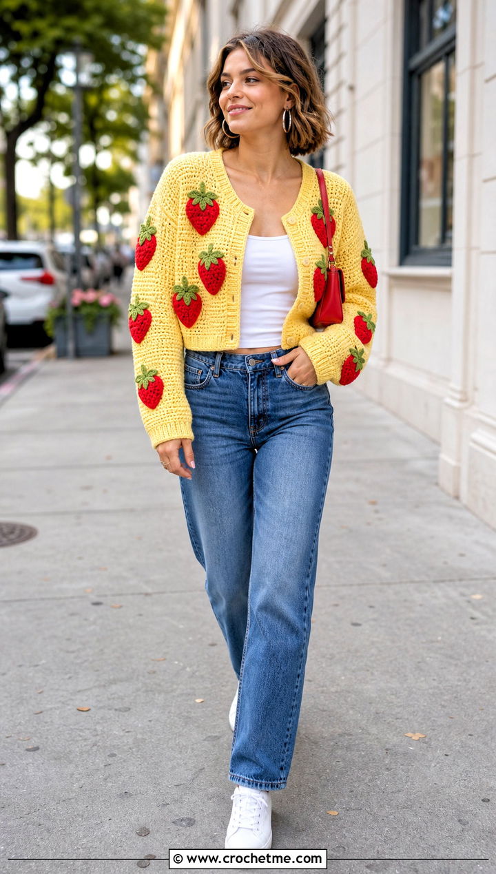 Cropped Strawberry Applique Cardigan With Straight Leg Jeans - 35 crochet strawberry cardigan outfit ideas