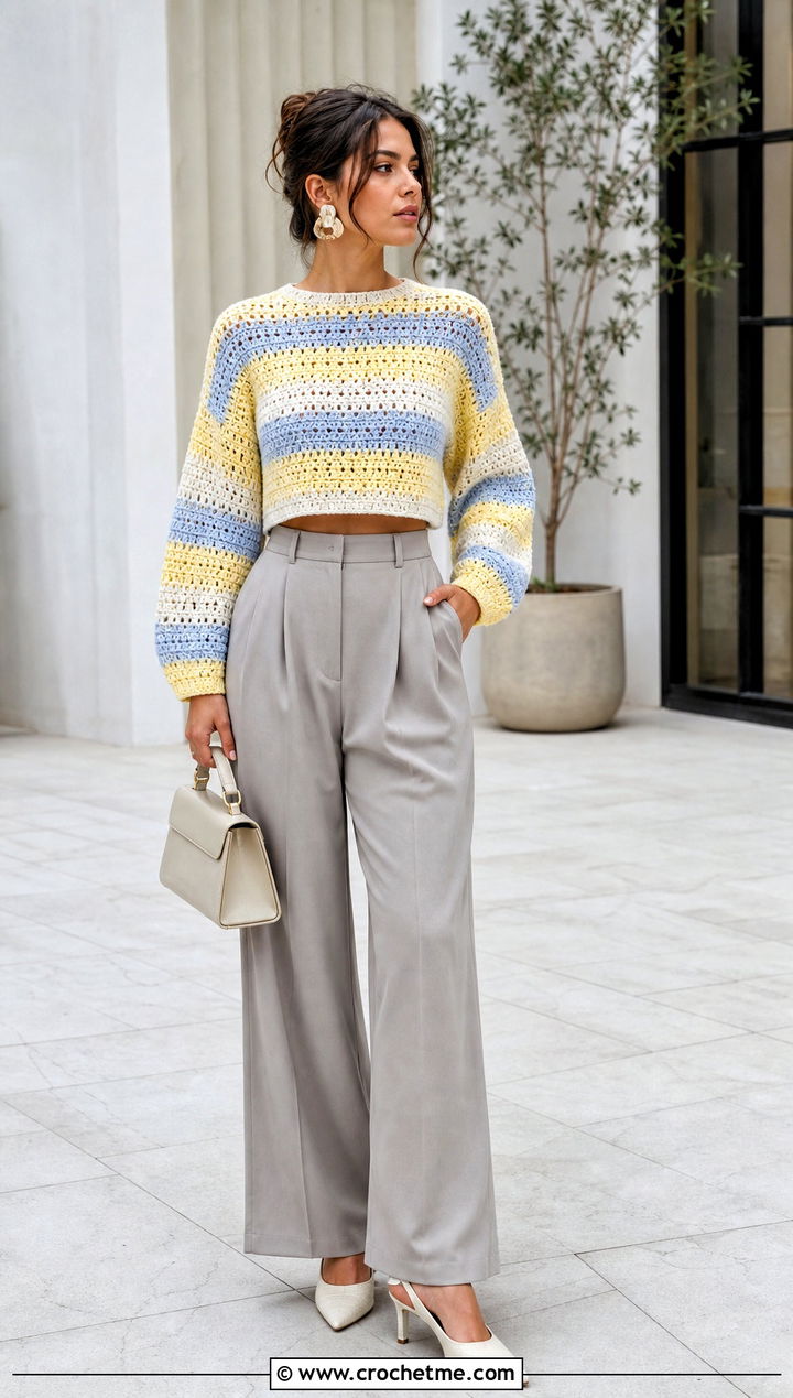 Cropped Striped Crochet Sweater With Tailored Trousers - 30 striped crochet sweater outfit ideas