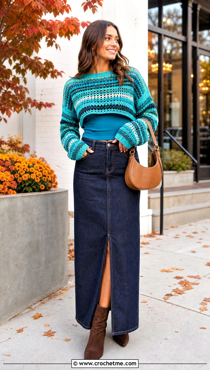 Cropped Striped Pixie Crochet Sweater With Maxi Denim Skirt - 20 Pixie Crochet Sweater outfit ideas