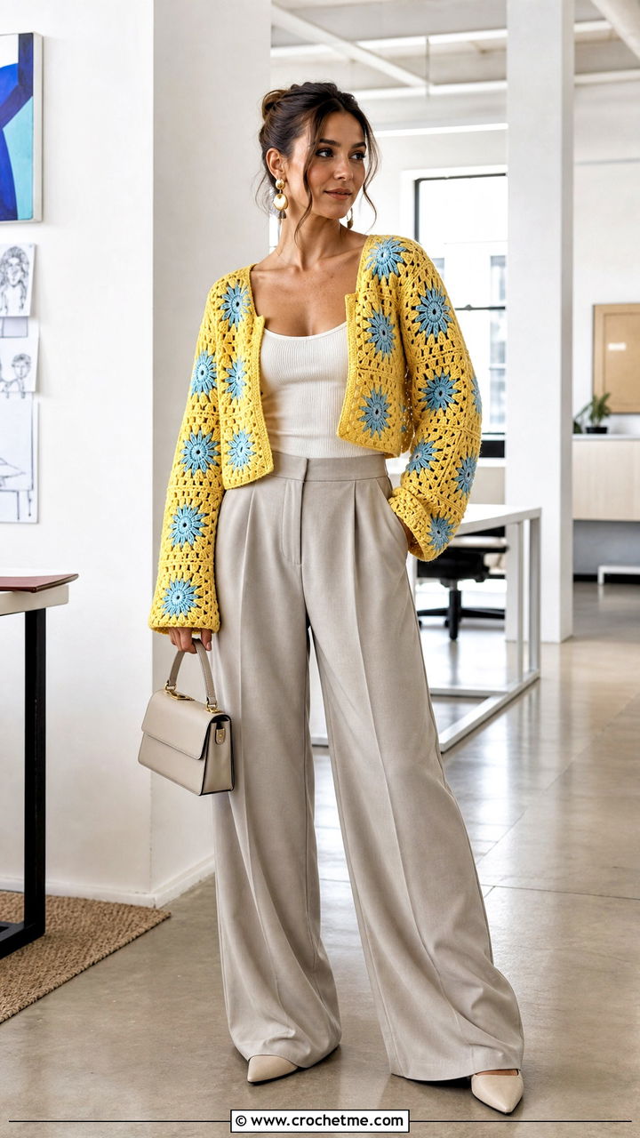 Cropped Sunburst Big Granny Square Cardigan With Wide Leg Trousers - 35 Big Granny Square Cardigan outfit ideas