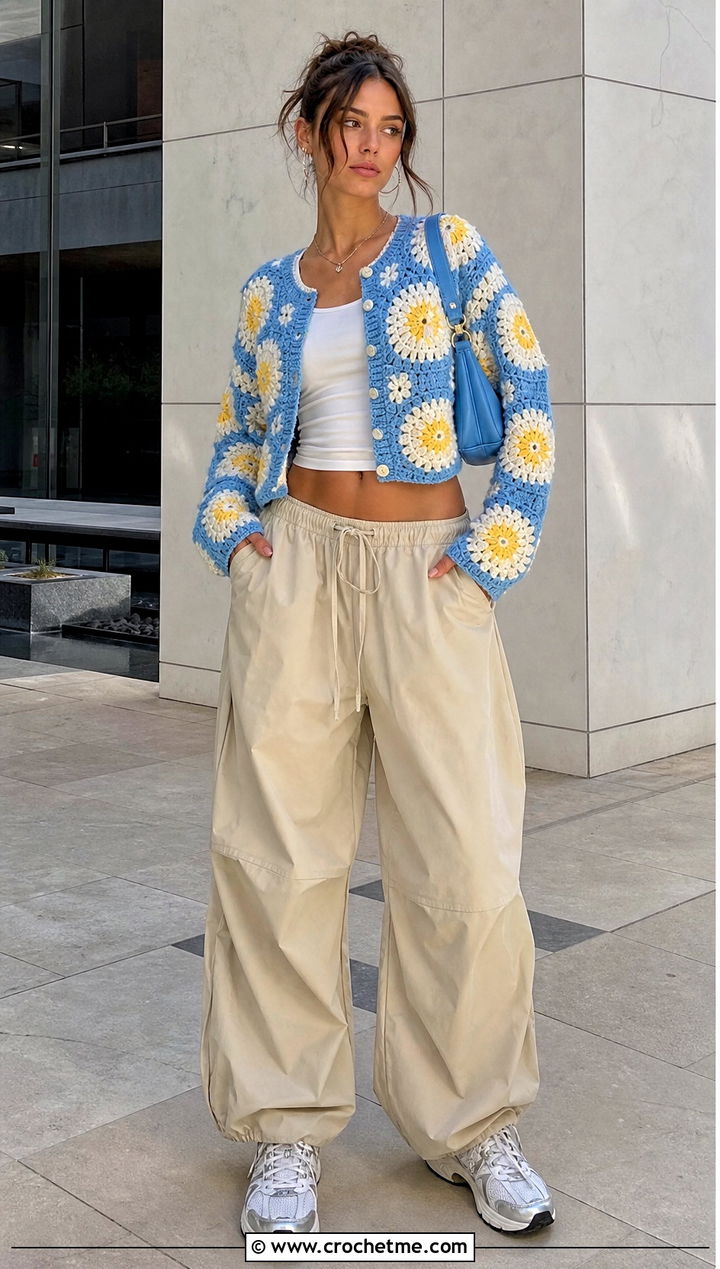 Cropped Sunburst Granny Square Cardigan With Parachute Pants - 35 sunburst granny square cardigan outfit ideas