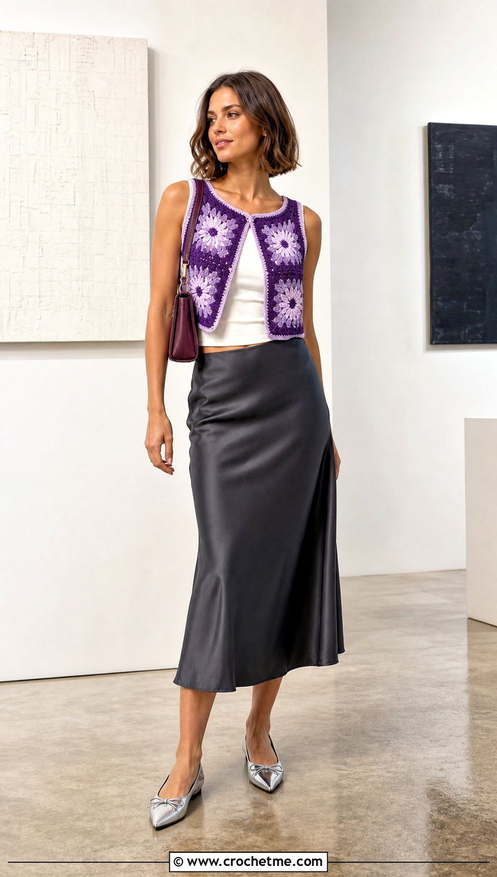 Cropped Sunburst Granny Square Crochet Vest With Satin Skirt - 25 Granny Square Crochet Vest outfit ideas