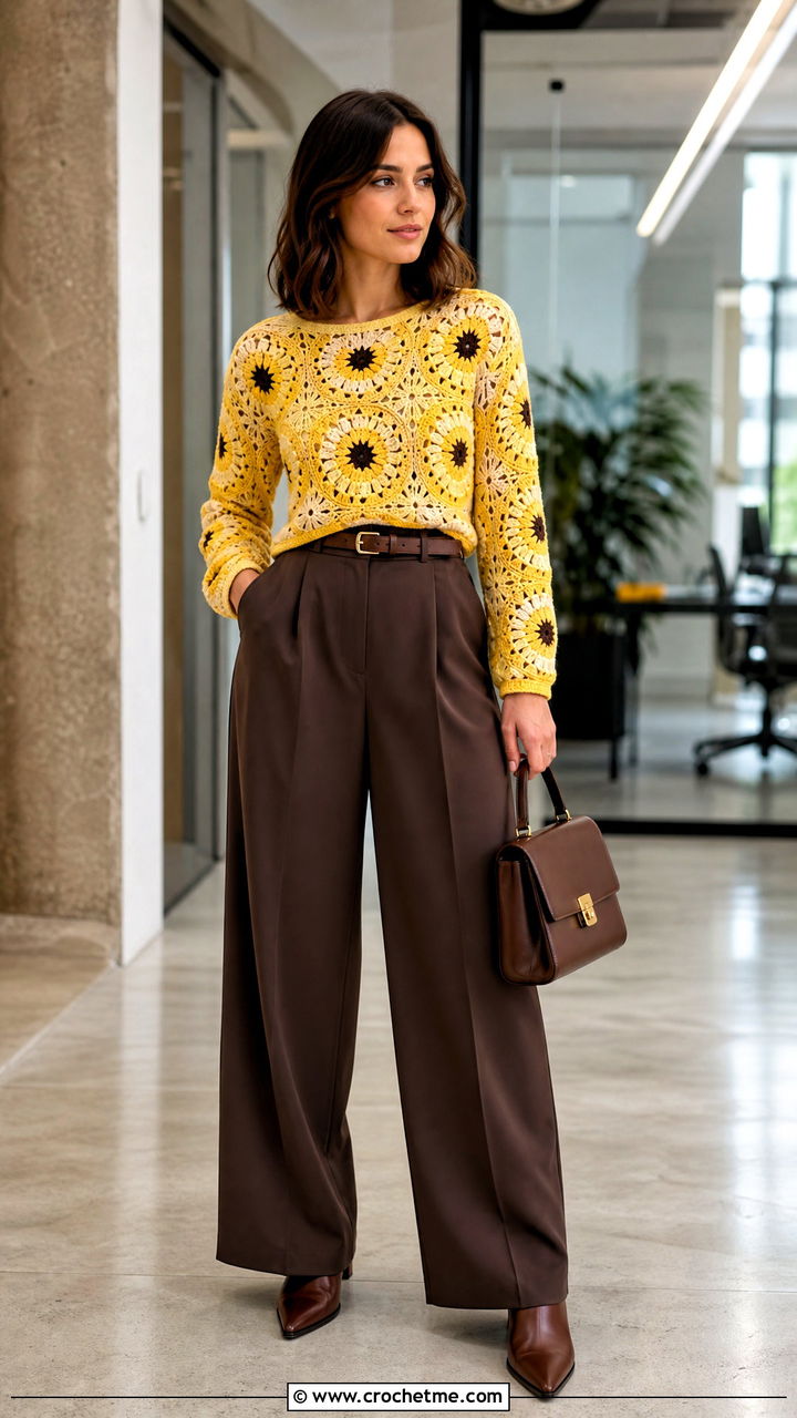 Cropped Sunburst Granny Square Jumper With Wide Leg Trousers - 35 crochet granny square jumper outfit ideas