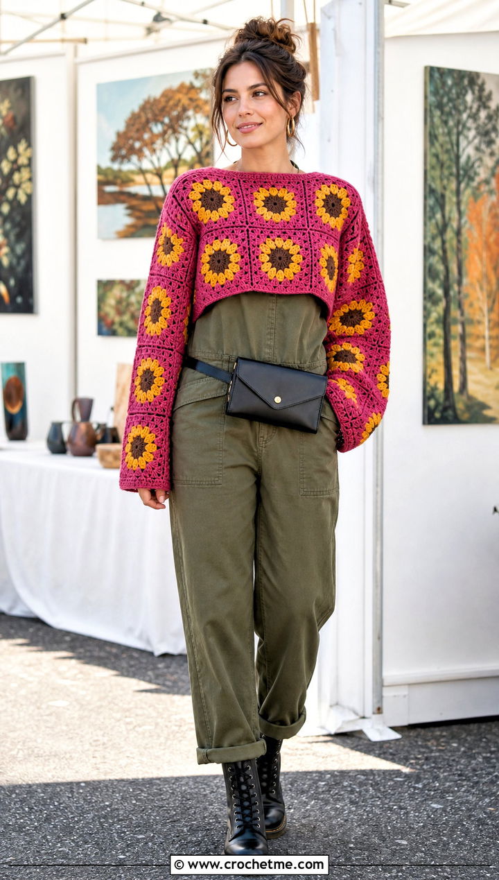 Cropped Sunflower Granny Square Pullover Sweater With Utility Jumpsuit - 15 Sunflower Granny Square Pullover Sweater outfit ideas