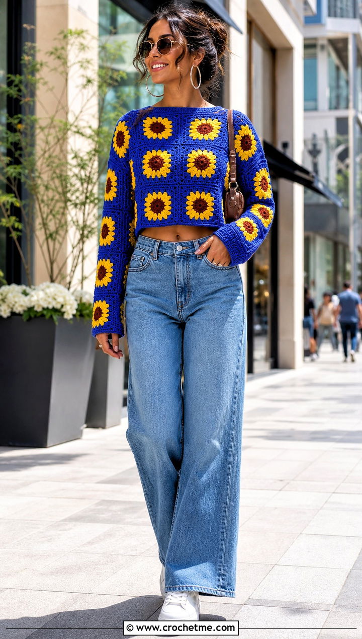 Cropped Sunflower Granny Square Pullover Sweater With Wide Leg Jeans - 15 Sunflower Granny Square Pullover Sweater outfit ideas