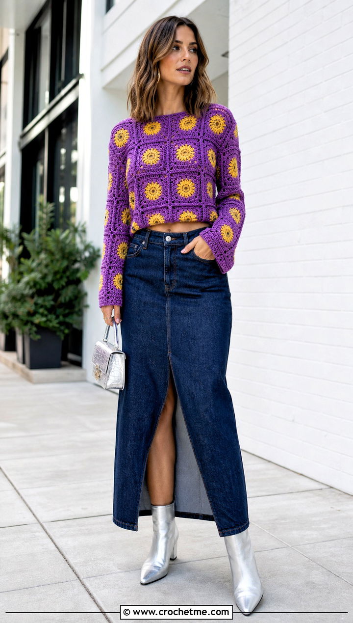 Cropped Sunflower Granny Square Sweater With Denim Maxi Skirt - 30 sunflower granny square sweater outfit ideas