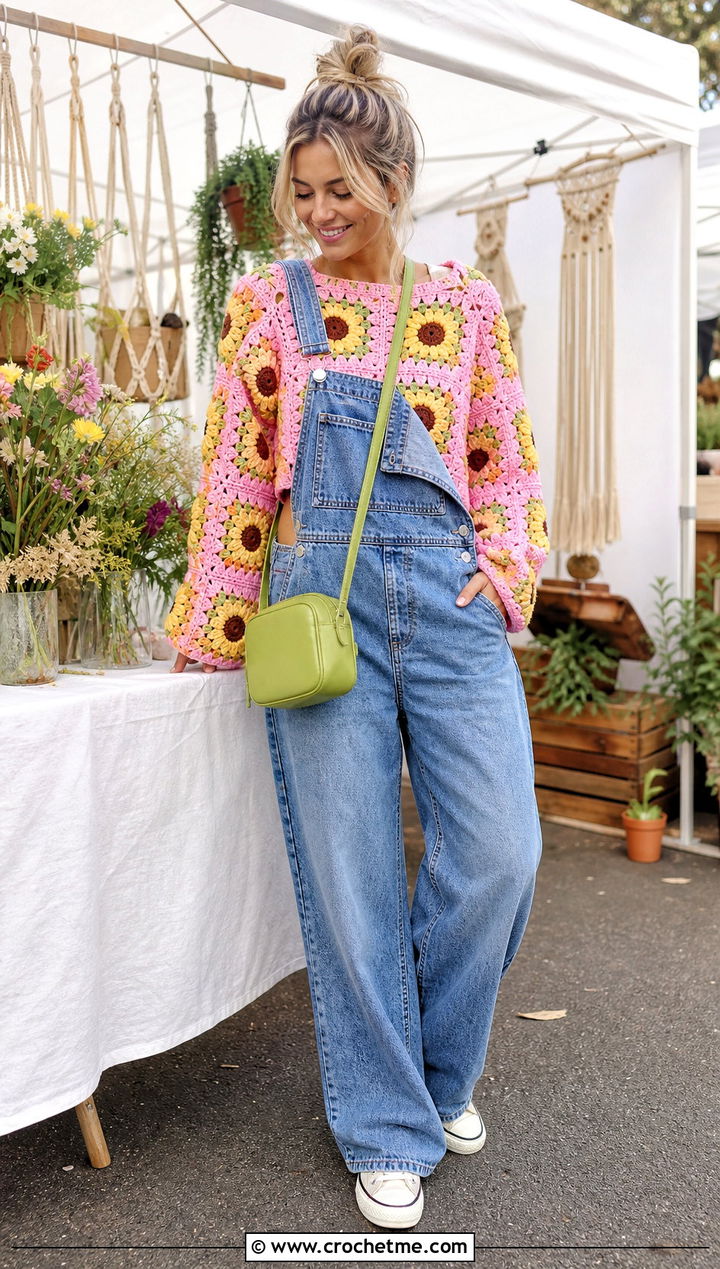 Cropped Sunflower Granny Square Sweater With Denim Overalls - 30 sunflower granny square sweater outfit ideas