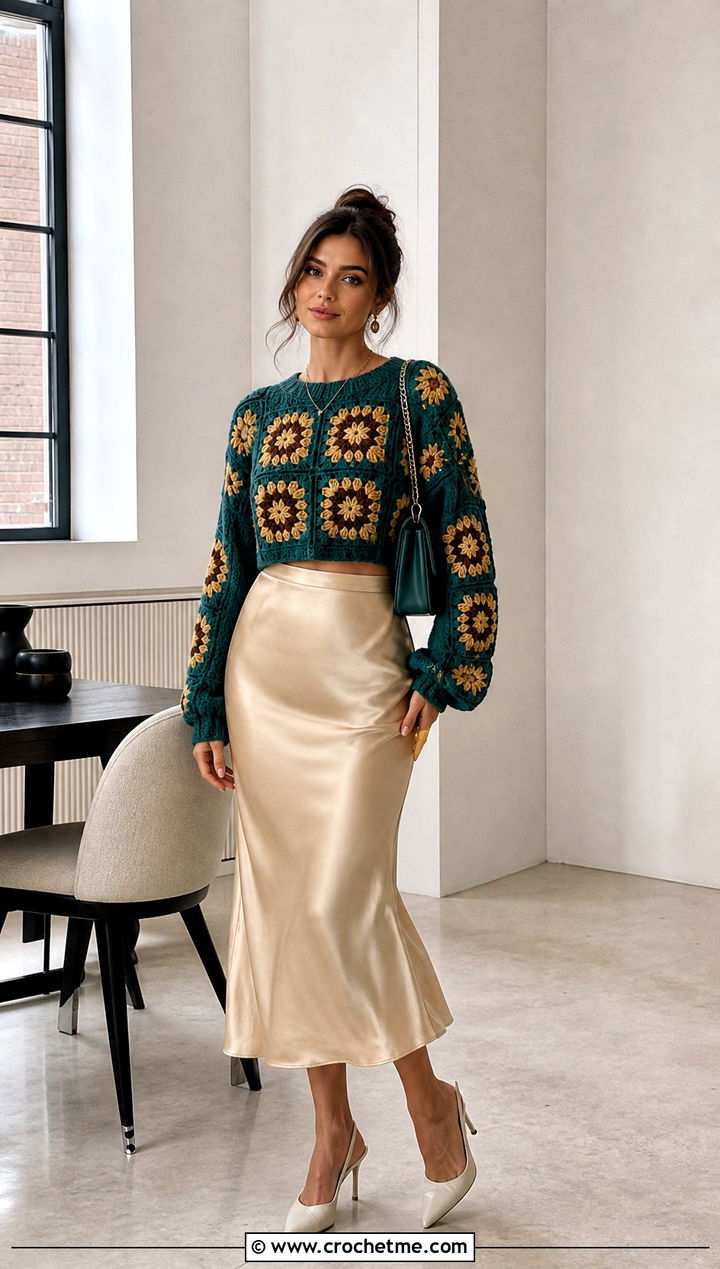 Cropped Sunflower Granny Square Sweater With Satin Midi Skirt - 30 sunflower granny square sweater outfit ideas