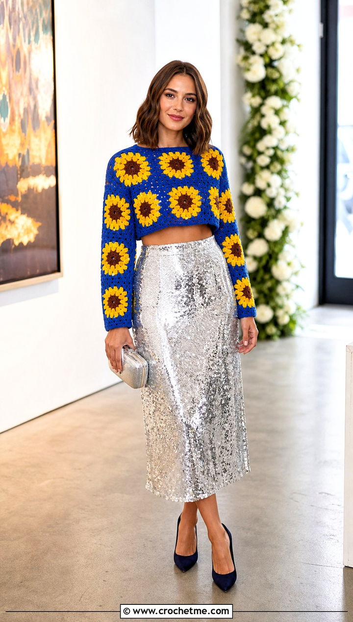Cropped Sunflower Granny Square Sweater With Sequin Midi Skirt - 30 sunflower granny square sweater outfit ideas
