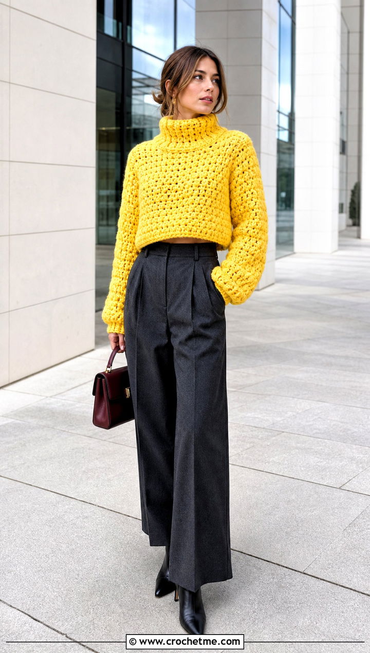 Cropped Super Bulky Crochet Sweater With Wide Leg Trousers - 25 Super Bulky Crochet Sweater outfit ideas