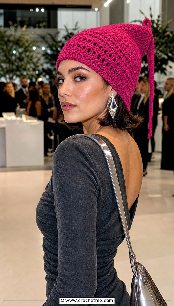 Cropped Tail Crochet Link Hat With Mini Dress - 30 crochet link hat outfit ideas