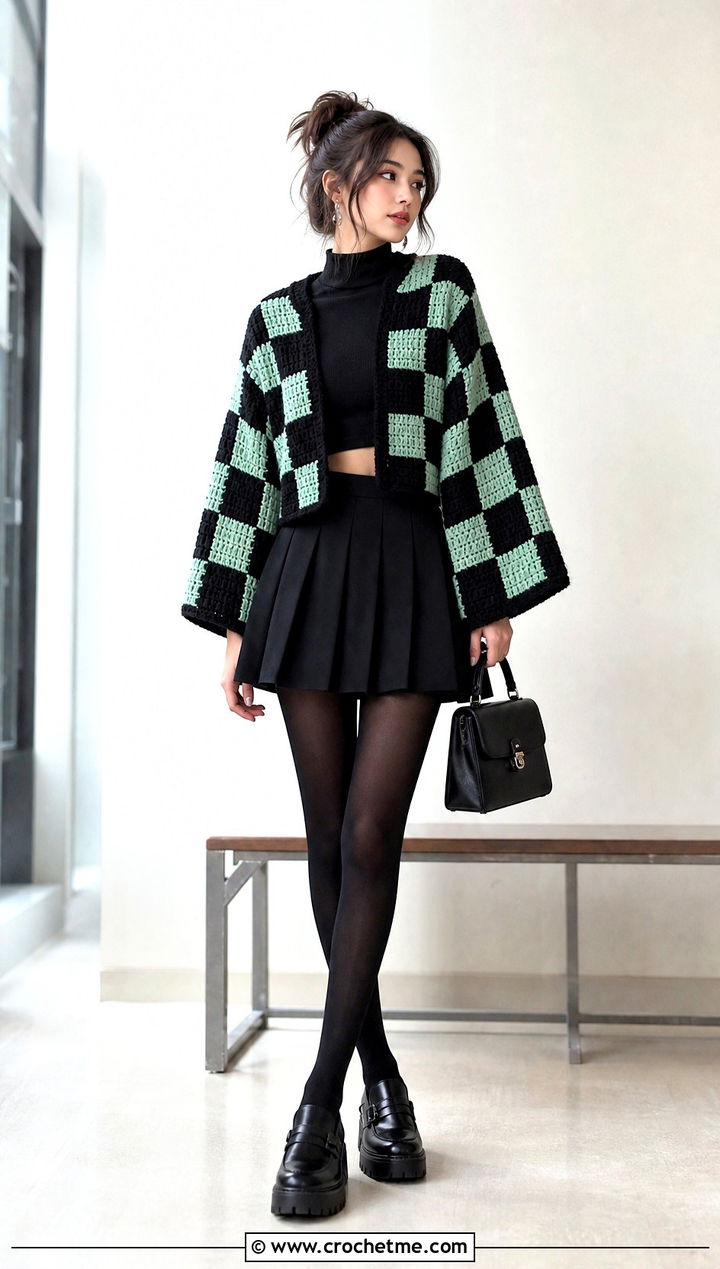 Cropped Tanjiro Crochet Kimono With Pleated Mini Skirt - 25 tanjiro crochet kimono outfit ideas