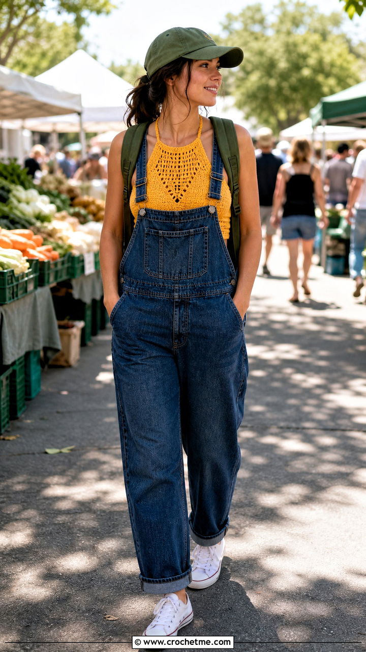 Cropped Tank Halter Neck Crochet Top With Overalls - 35 halter neck crochet top outfit ideas