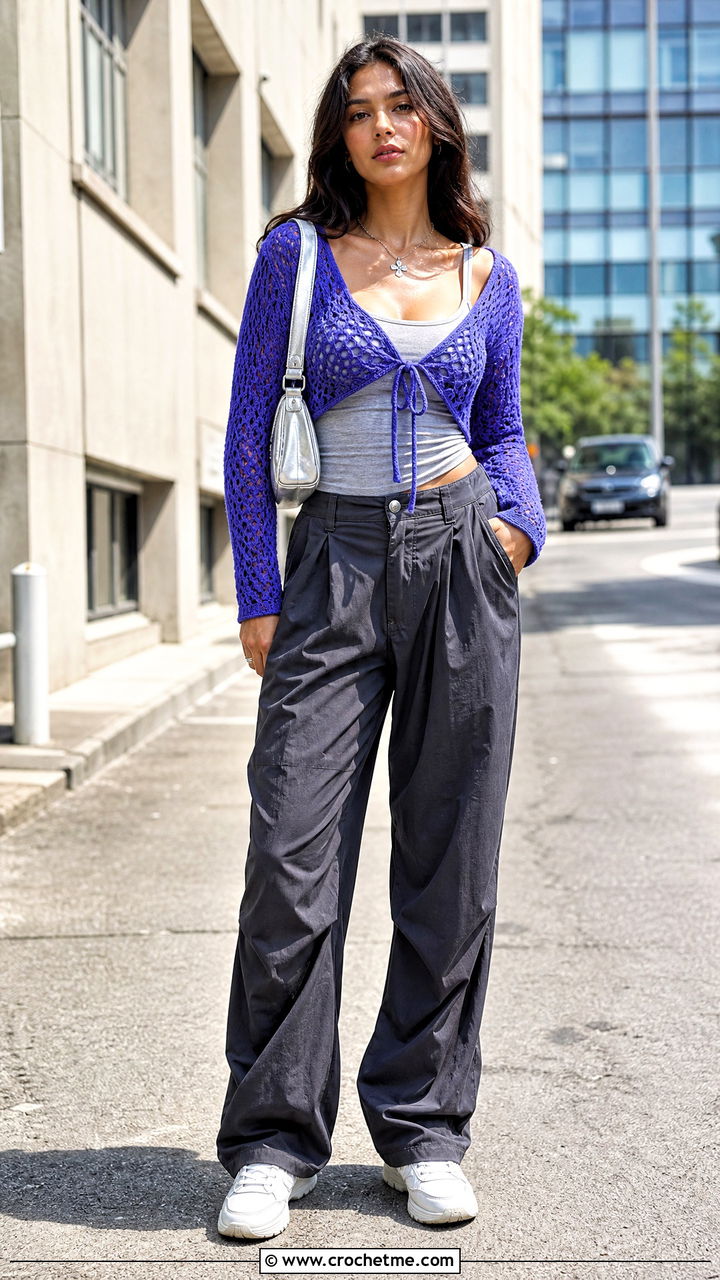Cropped Tie Front Crochet Boho Cardigan With Parachute Pants - 35 crochet boho cardigan outfit ideas