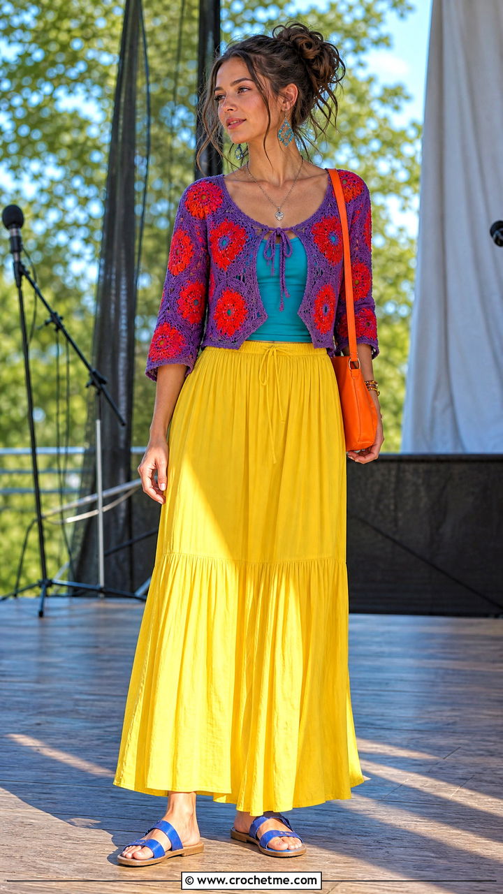 Cropped Tie Front Hexagon Cardigan With Maxi Skirt - 35 crochet hexagon cardigan outfit ideas