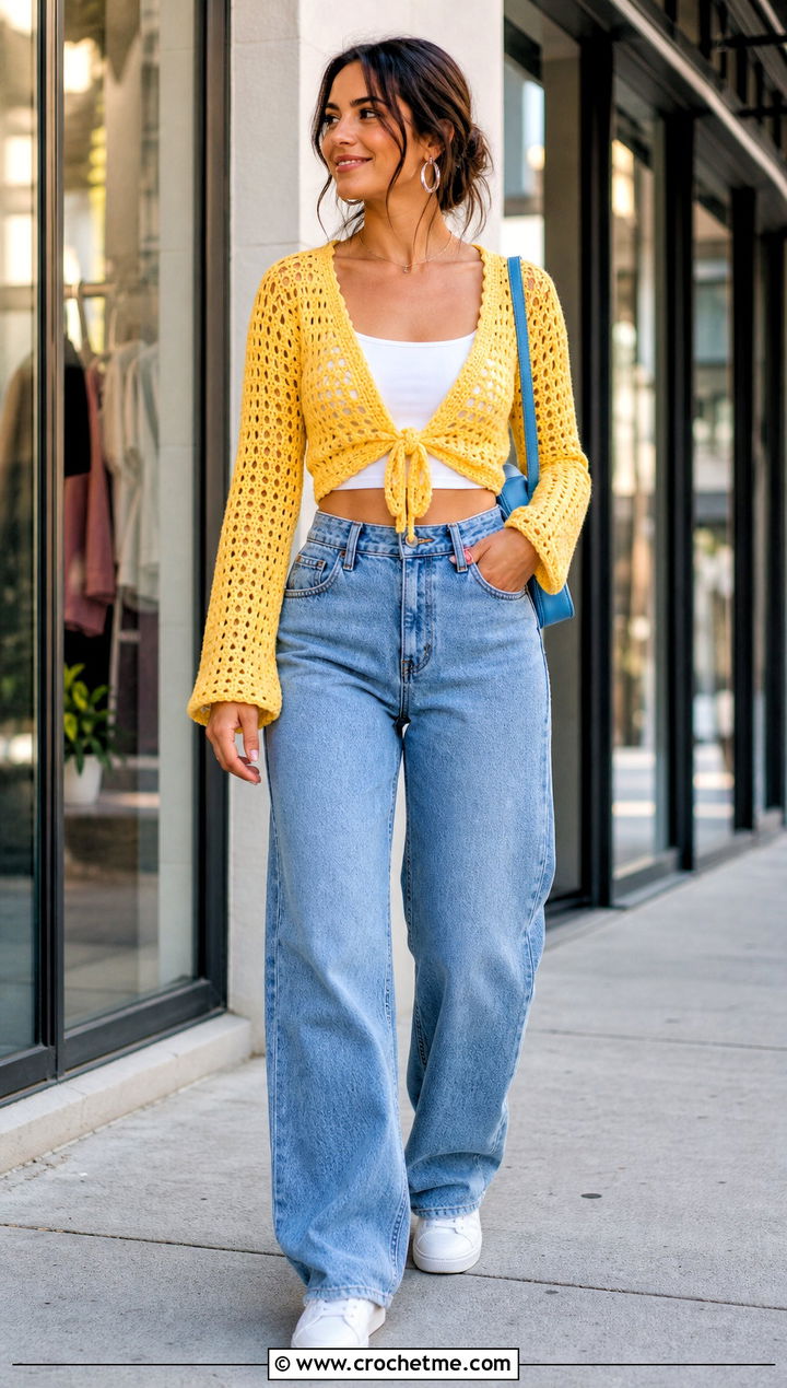 Cropped Tie Front Wrap Crochet Cardigan With Wide Leg Jeans - 30 wrap crochet cardigan outfit ideas