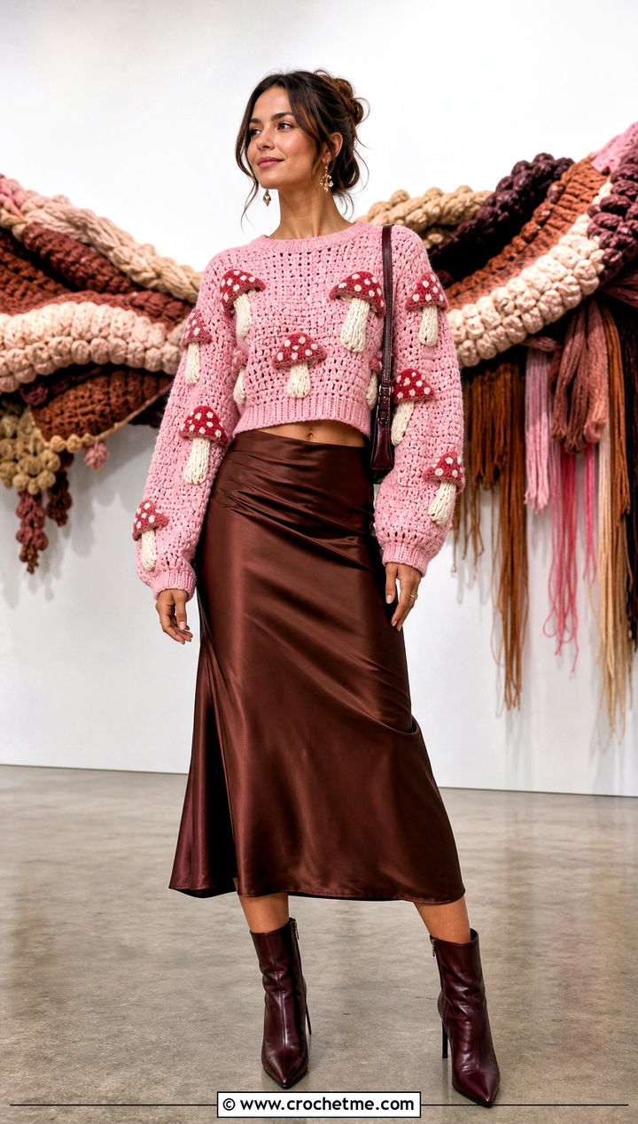 Cropped Toadstool Crochet Sweater With Satin Midi Skirt - 25 mushroom crochet sweater outfit ideas